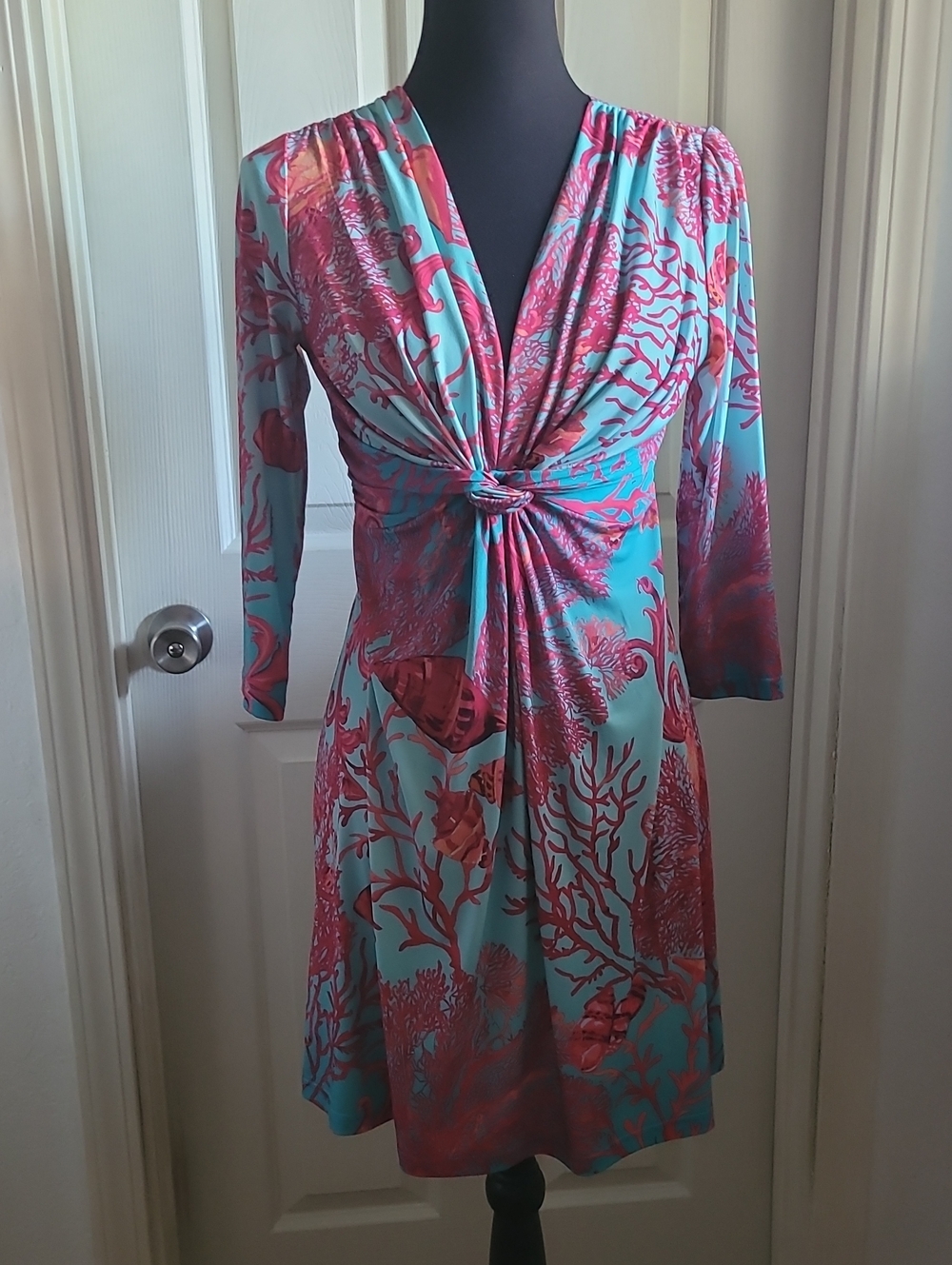 Boston Proper Coral Reef Knot-Front Dress in Pink & Aqua SIZE XS SUPER STRETCHY